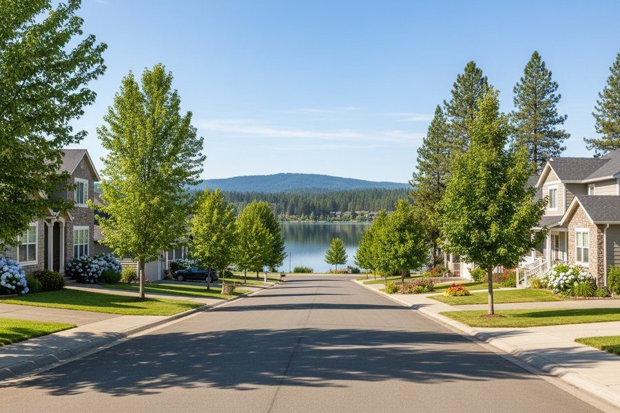 A lakeside neighborhood street in Liberty Lake, WA with shade trees, newer homes and the lake in the distance