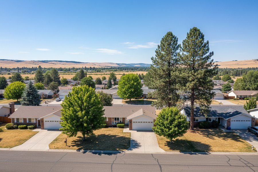 Ranch-style homes with mature pines and maples along a Spokane Valley, WA street, dry hills in the distance