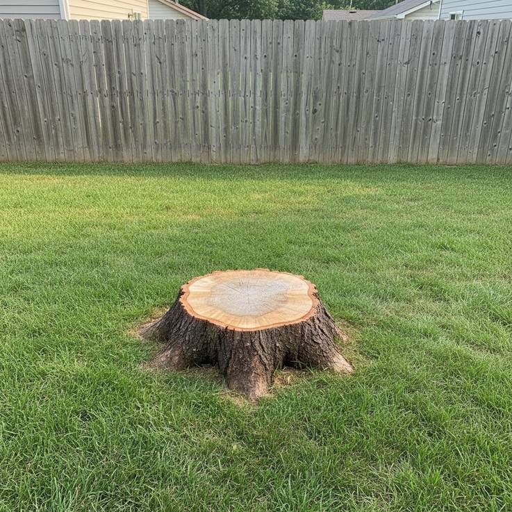 A tree stump sitting in a Spokane backyard lawn before stump grinding