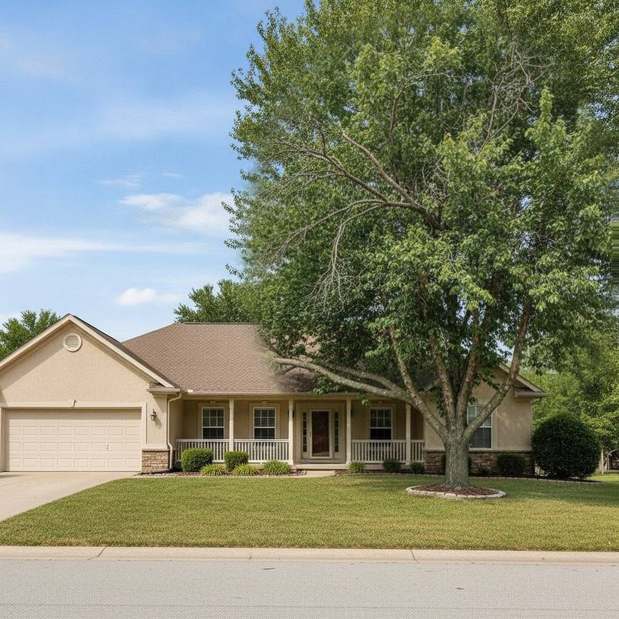 An overgrown Spokane tree with a dense crown sprawling over a home roof before trimming