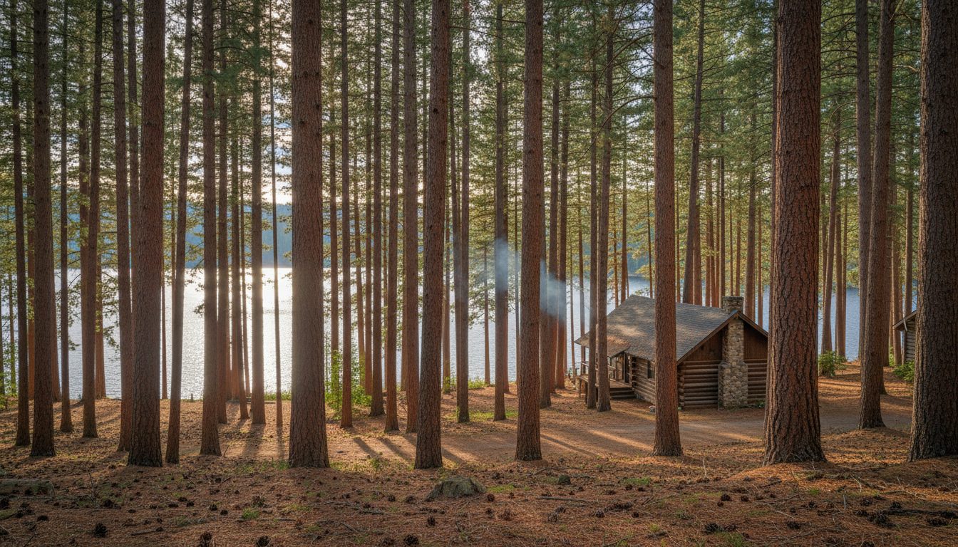 Tall ponderosa pine forest surrounding a residential lakeside property near Coeur d'Alene, ID